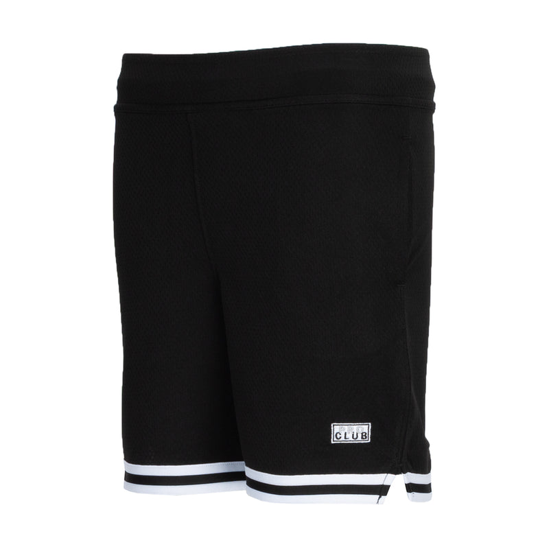 Youth basketball shorts, black with white hem stripe and side logo patch.