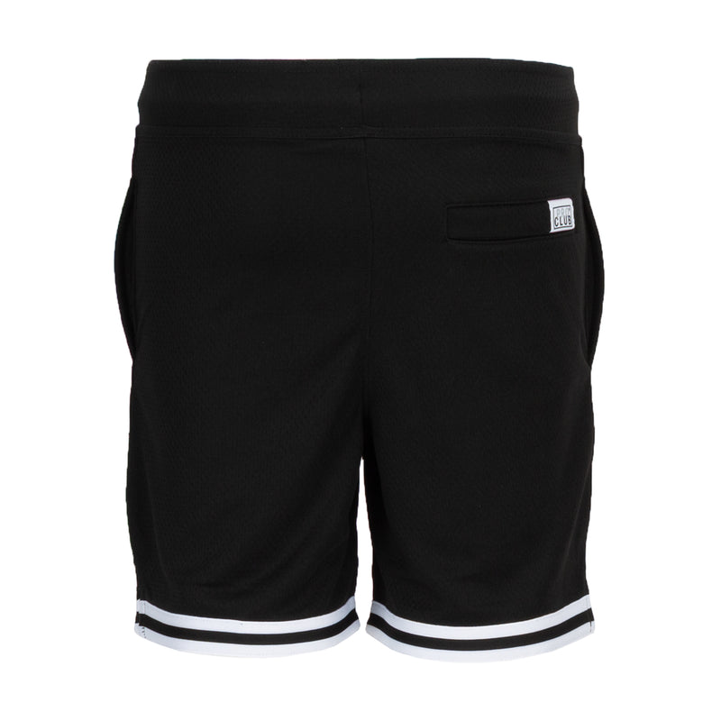 Youth basketball shorts, black with white hem stripe and right-side logo patch.