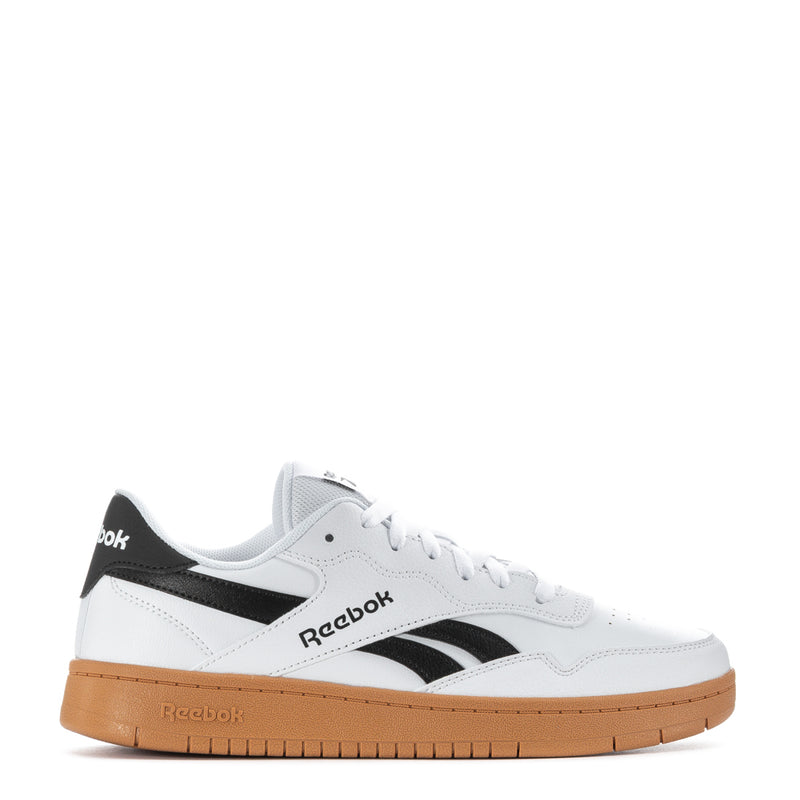 Reebok mens sneakers: white upper, black side stripe, gum rubber sole