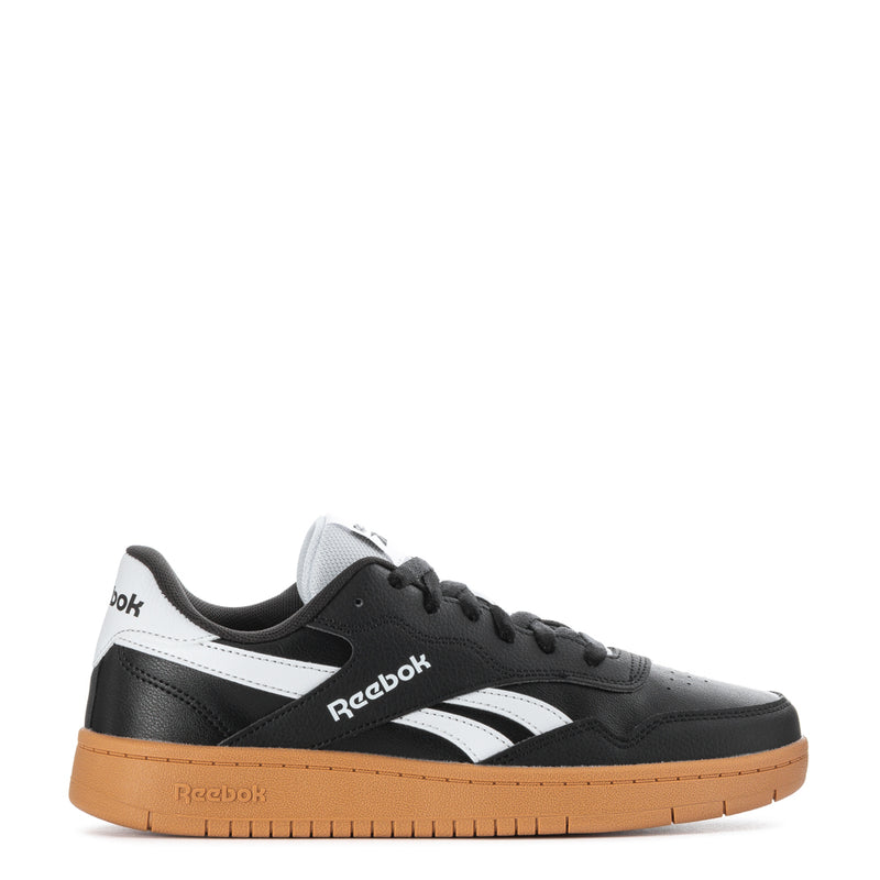 Men's Reebok BB 1000 low-top sneakers in black with white stripes and gum sole