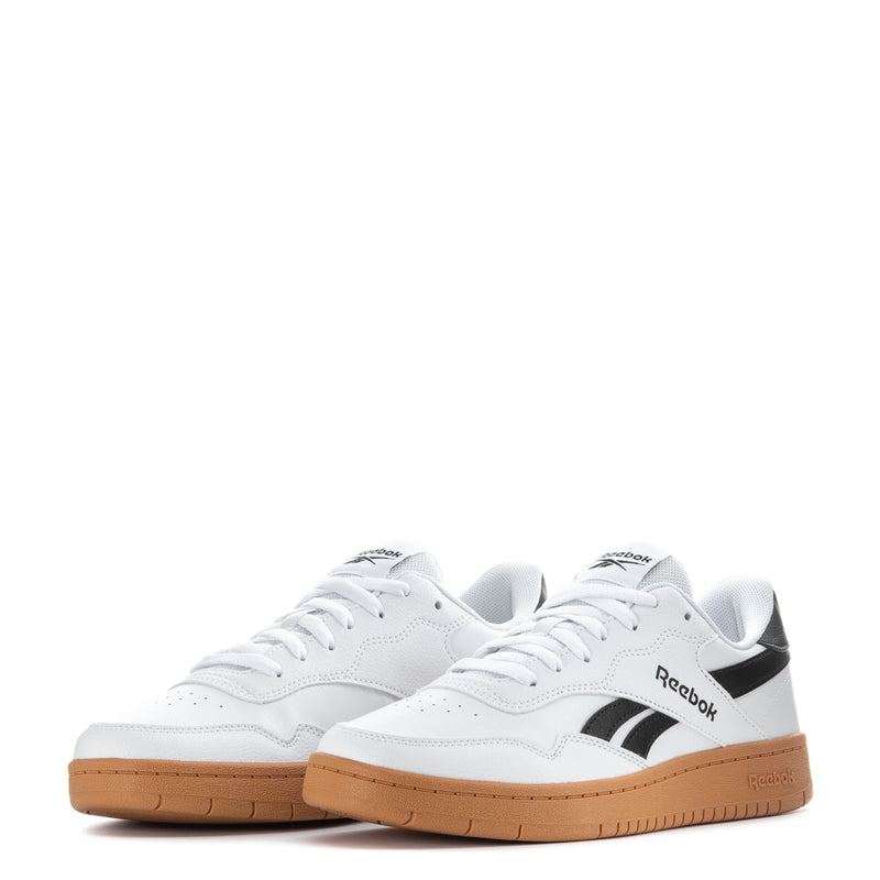 Reebok mens low-top sneakers, white with black logo stripes, gum sole