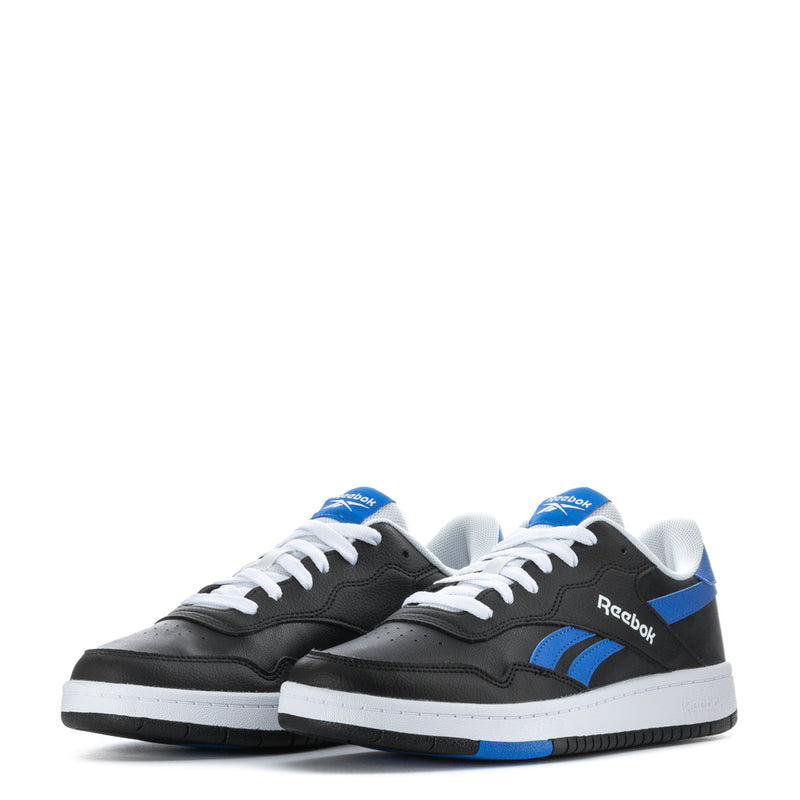 Pair of men's Reebok sneakers, black with blue stripes and white midsoles