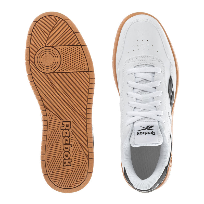 Reebok mens sneakers: gum patterned outsole and white lace-up upper
