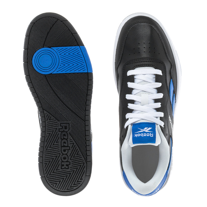Reebok sneaker soles and toe view, black outsole with blue traction details