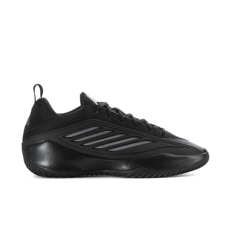 Black low-top men's athletic sneaker with lace-up and side stripe detail