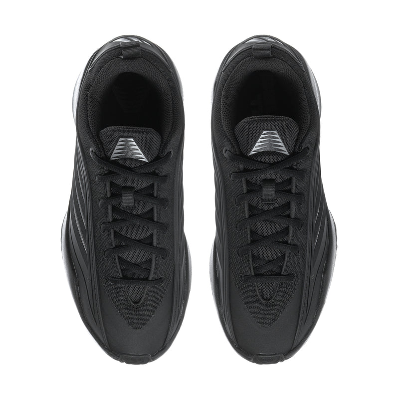 Black men's athletic sneakers front view with lace-up closure and stitched logo