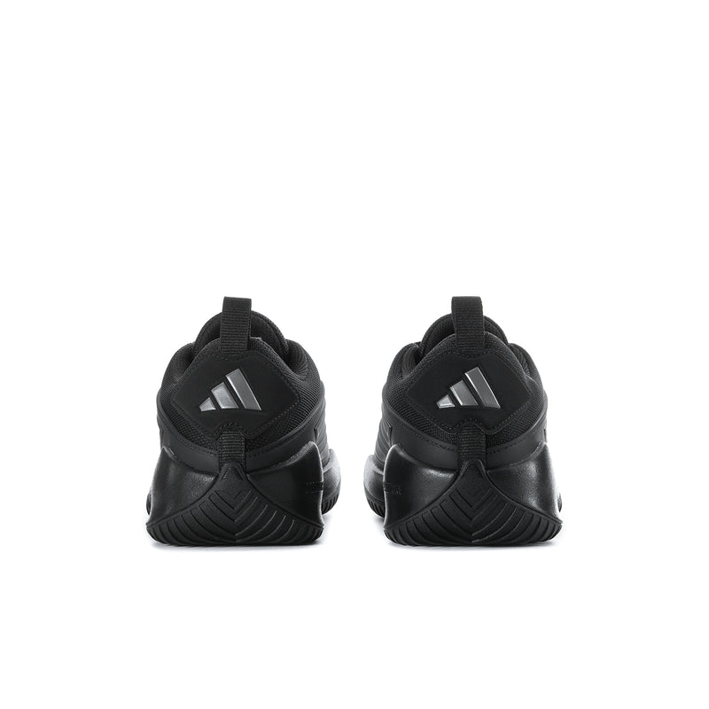 Black men's athletic sneakers back view with heel pull tab and cushioned collar