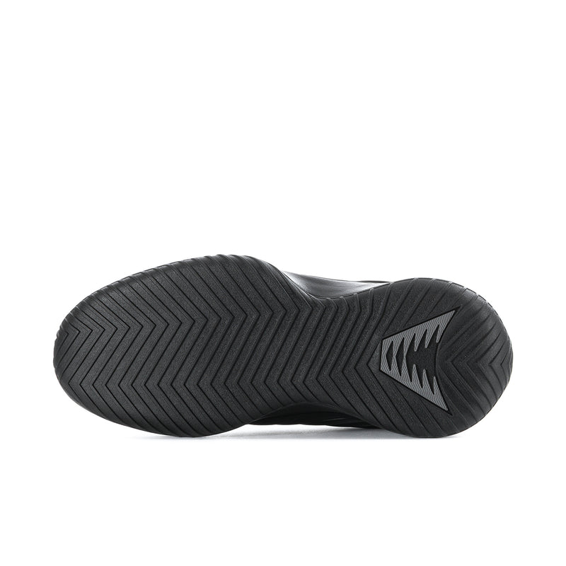 Black rubber outsole with chevron tread pattern and lightning-style emblem