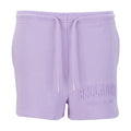 Women's lavender French terry shorts, elastic waist with drawstring, logo on leg