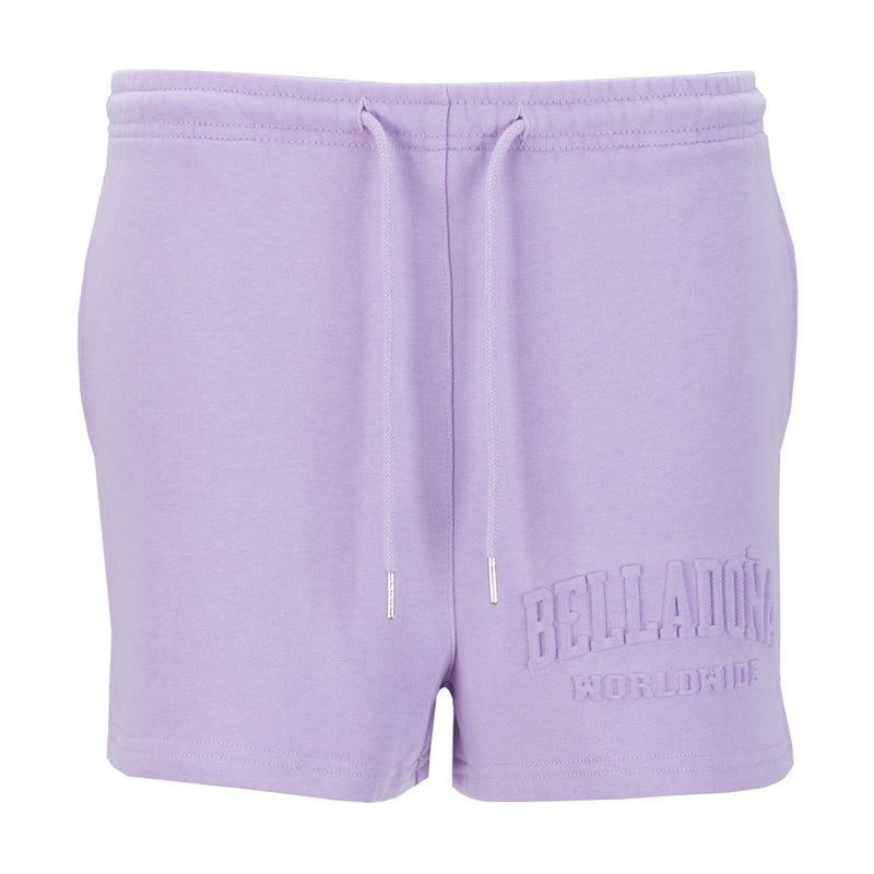 Women's lavender French terry shorts, elastic waist with drawstring, logo on leg