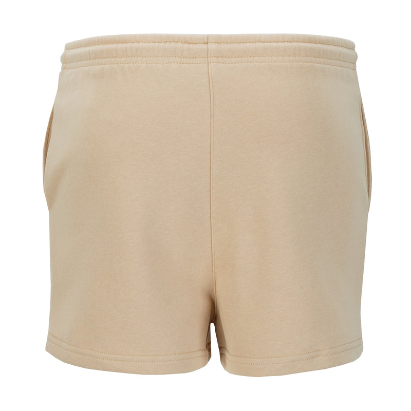 Women's beige French terry shorts, elastic waistband and relaxed fit