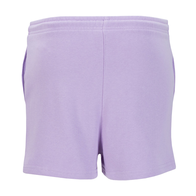 Women's lavender French terry shorts, elastic waistband and drawstring, back view
