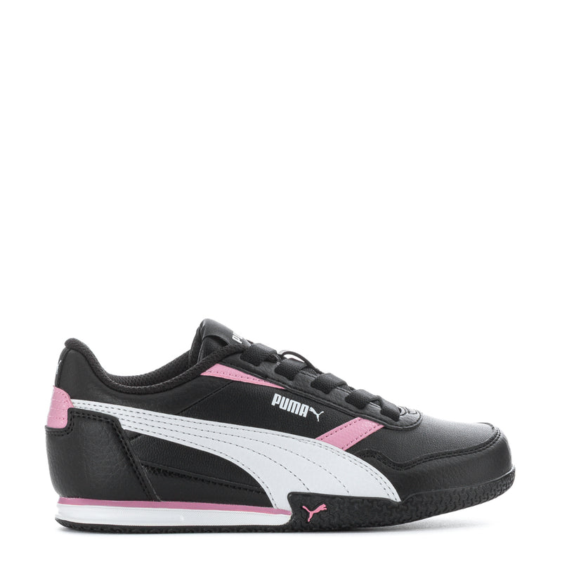 Kids black athletic sneakers with white Puma stripe and pink accents, lace-up