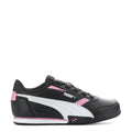 Kids black athletic sneakers with white Puma stripe and pink accents, lace-up