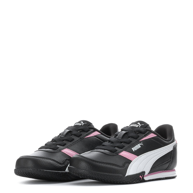Kids black Puma sneakers with white stripe and pink accents, pair shown
