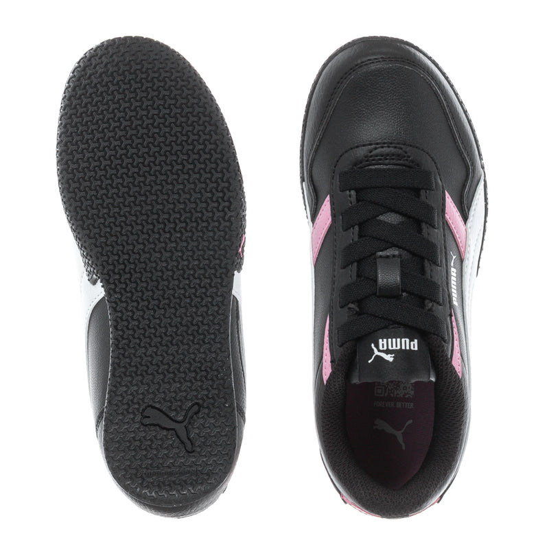 Kids sneaker outsole tread and inside view, black with pink trim and Puma logo