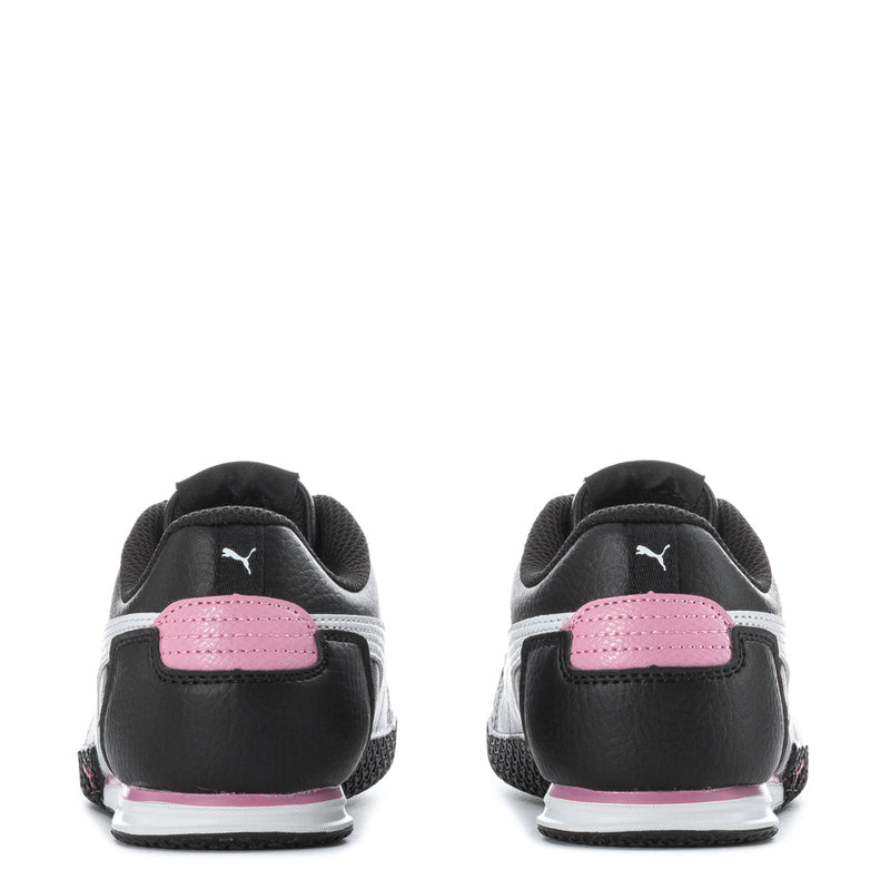 Kids black sneaker heels with pink tab, white side stripe, lace-up look