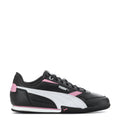 Youth black Puma sneakers with white stripe and pink accents, lace-up.