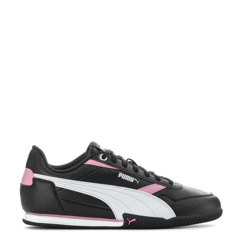 Youth black Puma sneakers with white stripe and pink accents, lace-up.