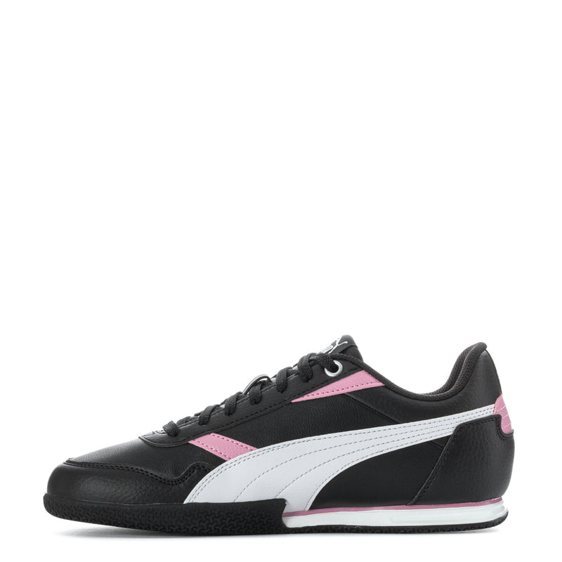 Youth Puma black sneakers with white midfoot stripe and pink heel detail, lace-up.