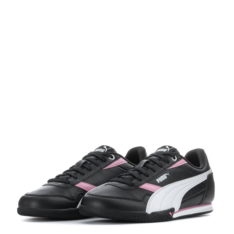 Pair of youth Puma black sneakers with pink lace accents, white stripe, rubber sole.