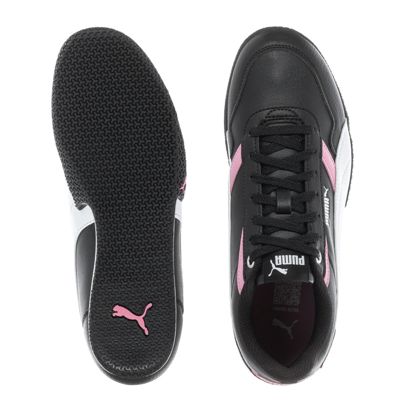 Youth Puma sneakers: textured outsole and black upper with pink collar trim.