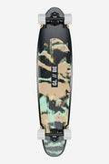 Top view of the Bender Storm Rover 41 longboard deck with abstract beige mint graphics and white wheels