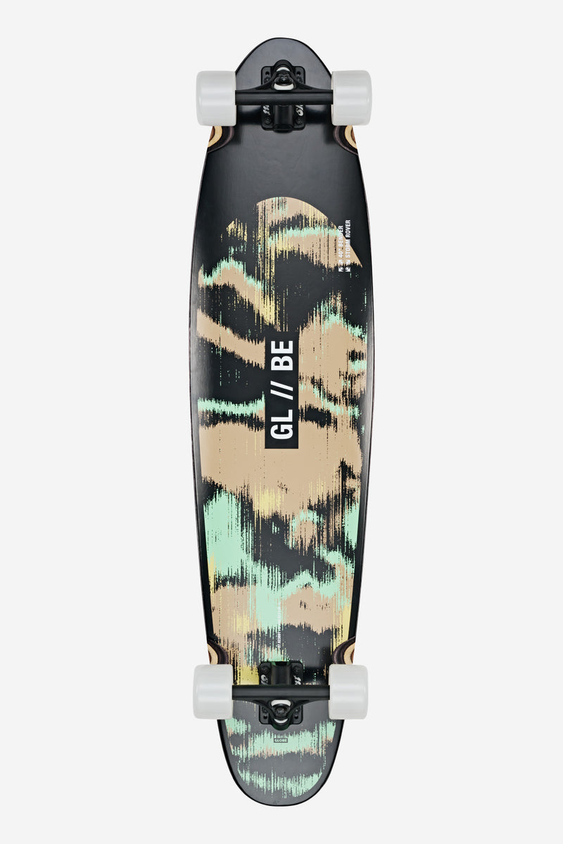 Top view of the Bender Storm Rover 41 longboard deck with abstract beige mint graphics and white wheels