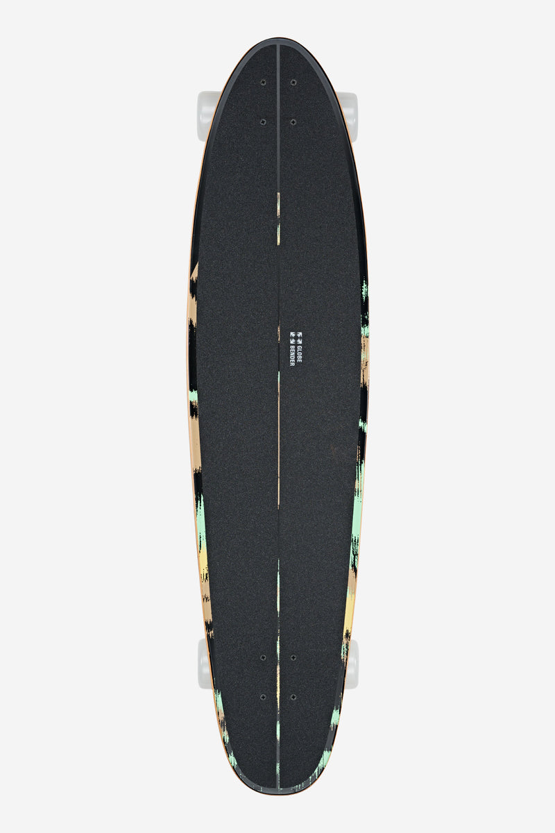Low angle view of the Bender Storm Rover 41 longboard showing black grip tape and white wheels
