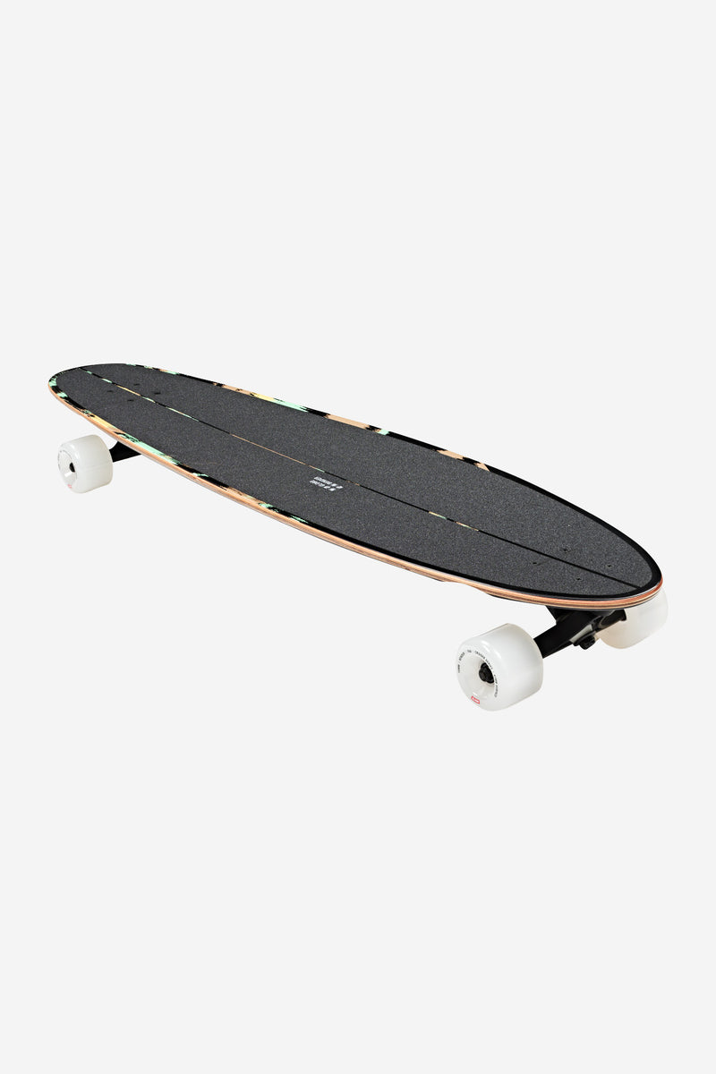 Bottom view of the Bender Storm Rover longboard revealing colorful edge graphics along the deck