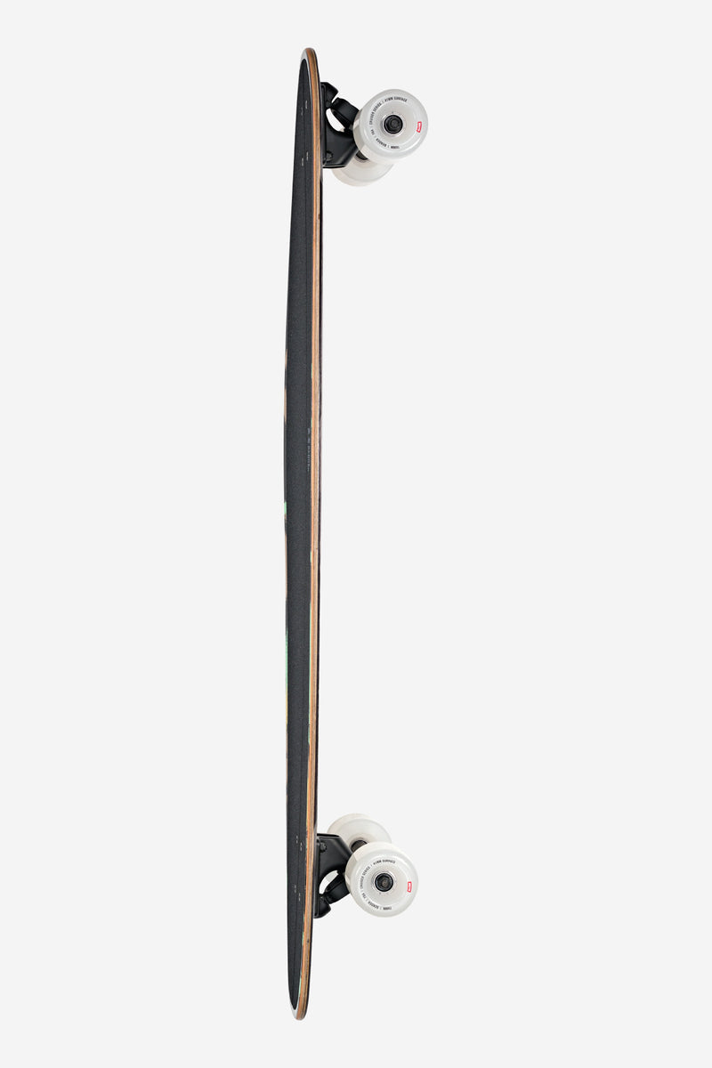 Edge view of Bender Storm Rover 41 longboard showing black trucks and white wheels