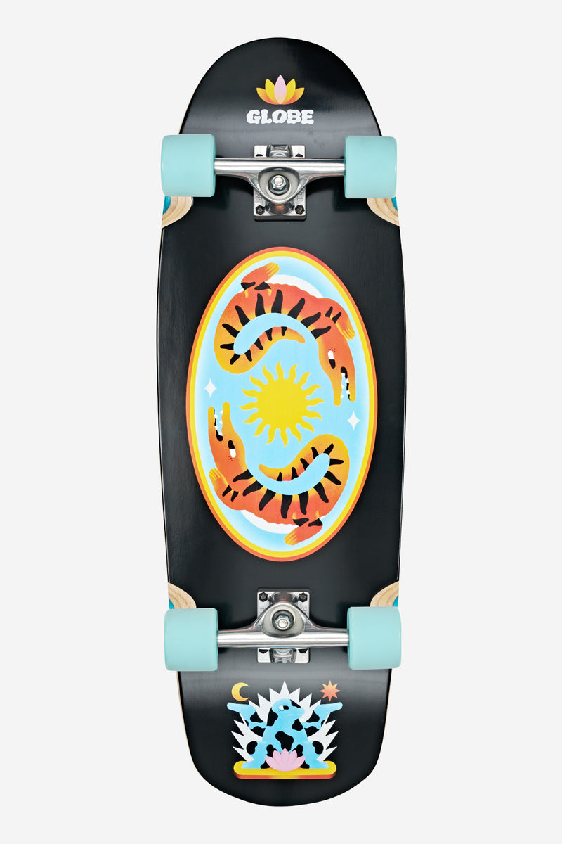 Top view of Globe Big Bad Bruiser 33 Cruiserboard in Lotus finish with turquoise wheels and a vibrant oval sun and sea graphic on the deck.