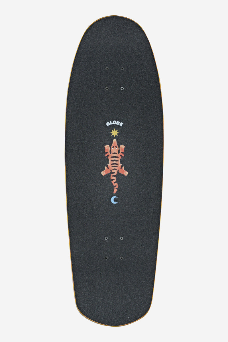 Top-down view of Globe Big Bad Bruiser 33 Cruiserboard with black deck, central lobster graphic, and turquoise wheels.