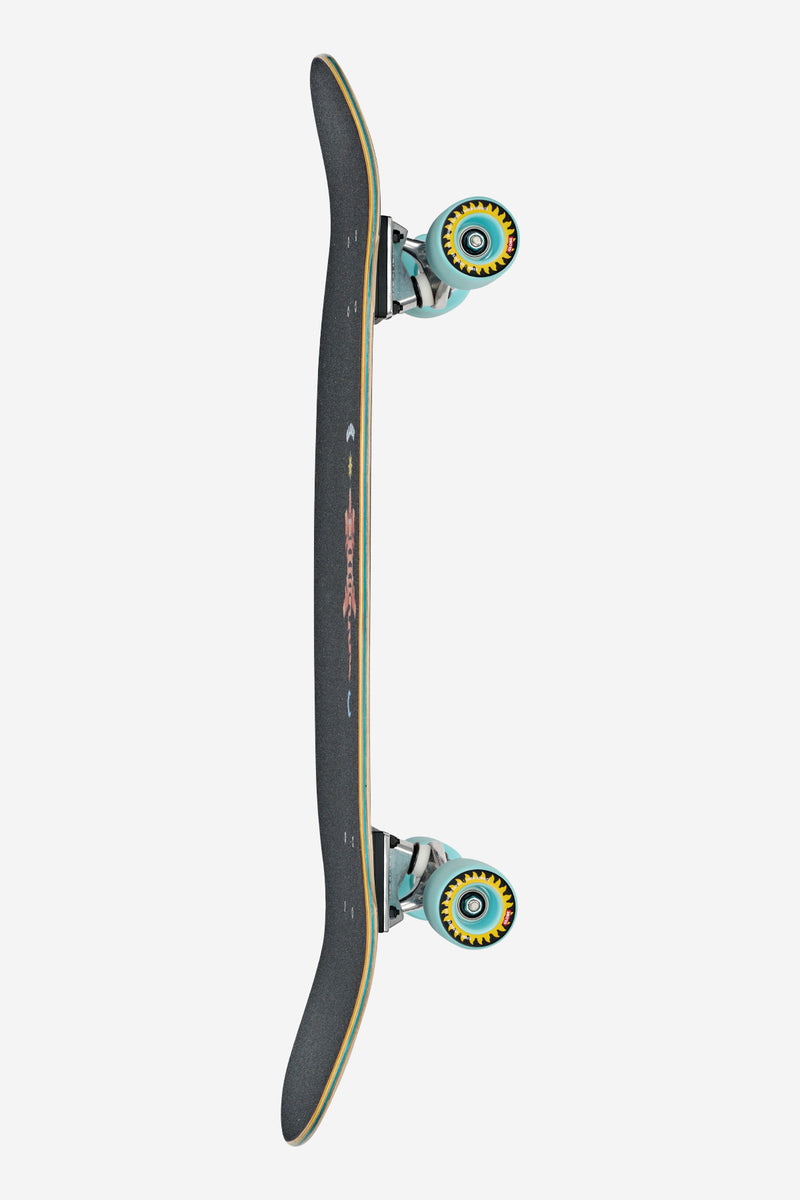 Side angle of Globe Big Bad Bruiser 33 Cruiserboard showing turquoise wheels and a bold deck graphic.