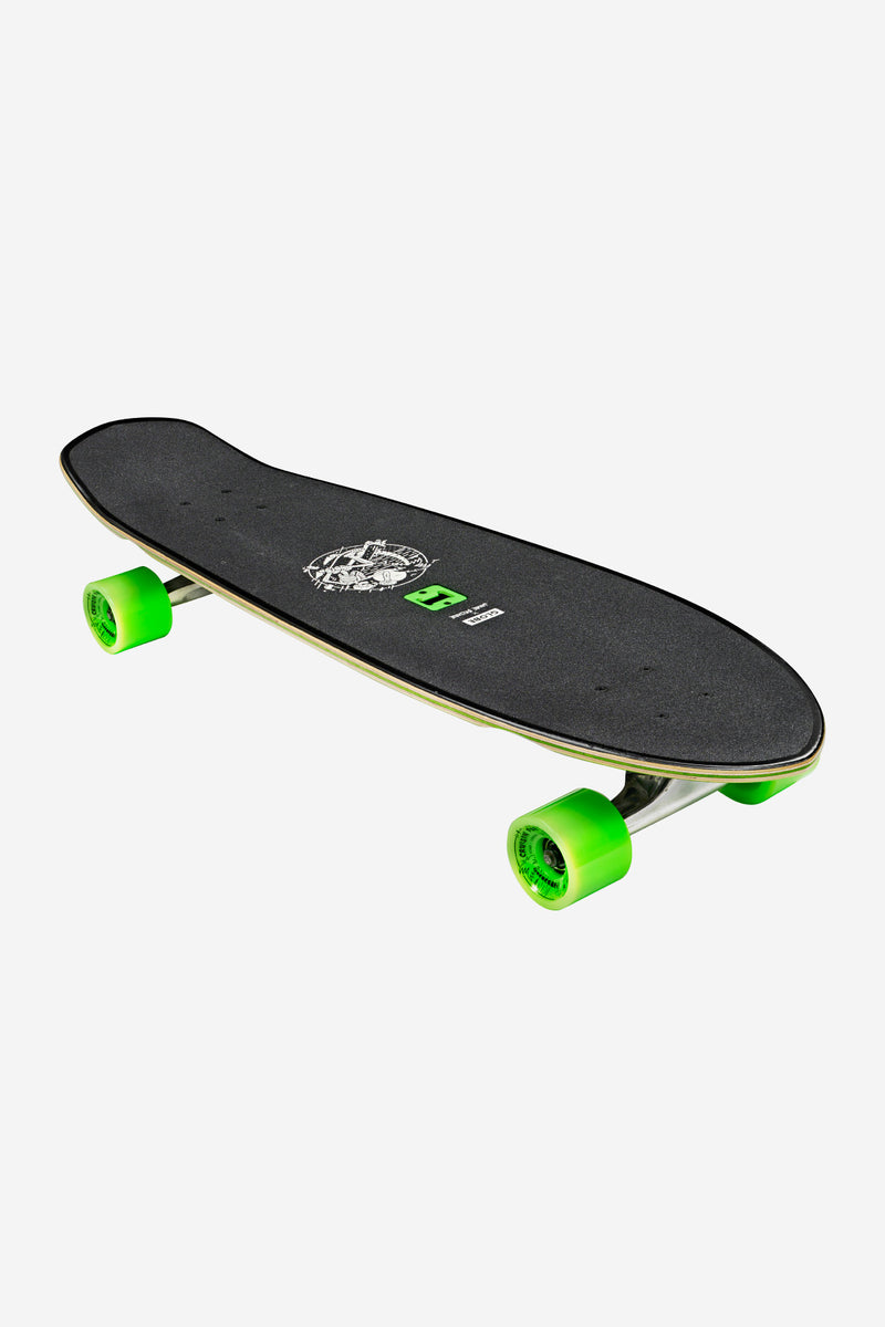 Angled shot of Good Times Roll cruiserboard showing neon green wheels and graphic deck details