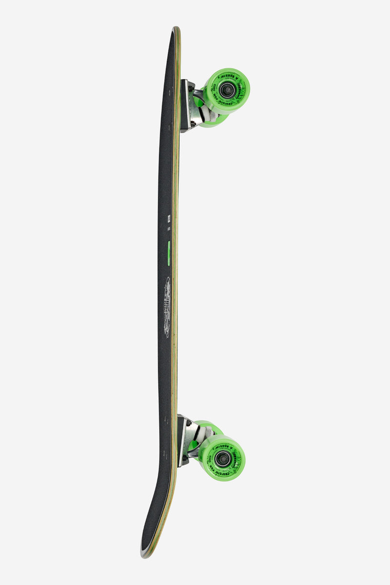 Side profile of Big Blazer 32 Good Times Roll cruiserboard with neon green wheels and kicktail