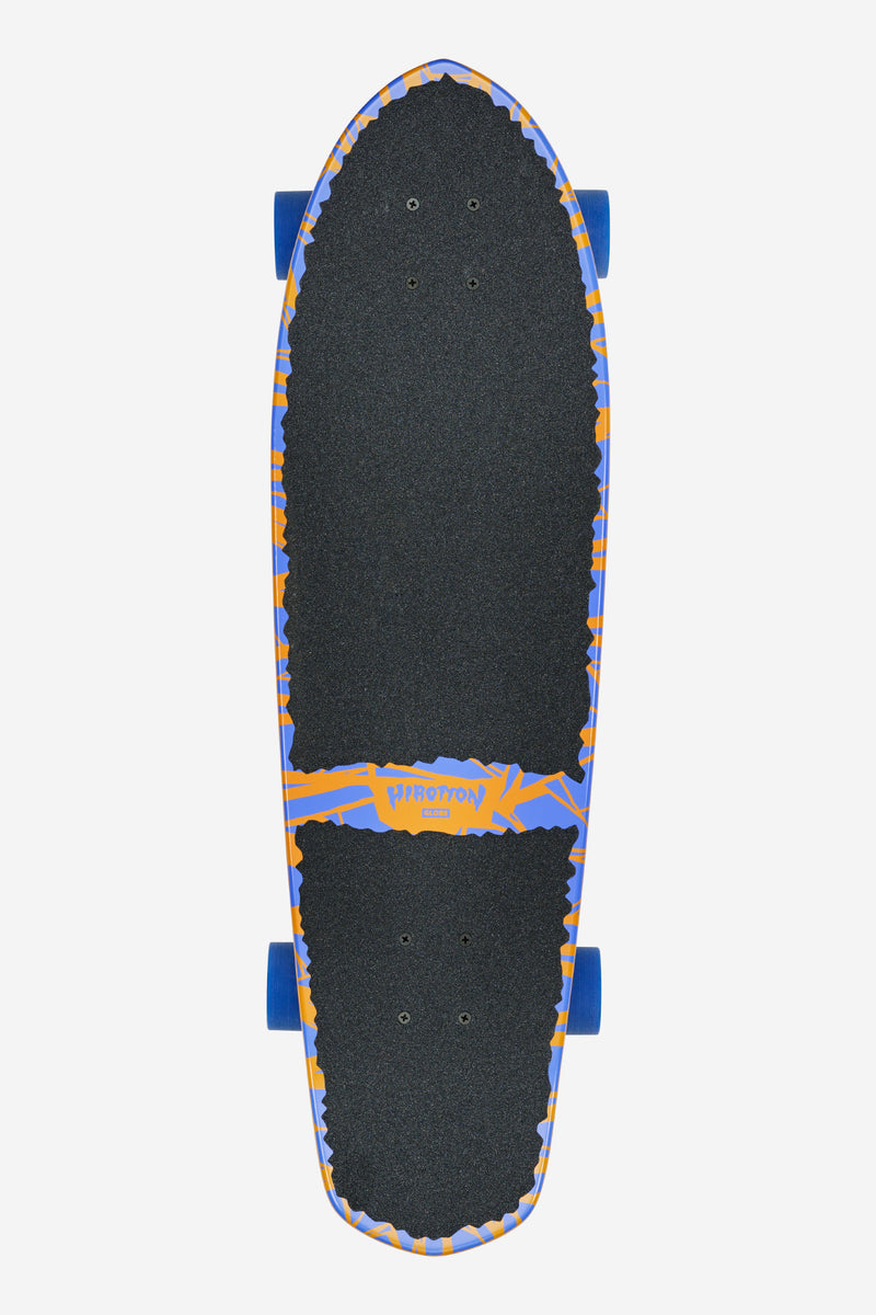 Top view of the 32 inch Big Blazer Lazer Wolf cruiserboard with black grip tape and blue wheels.
