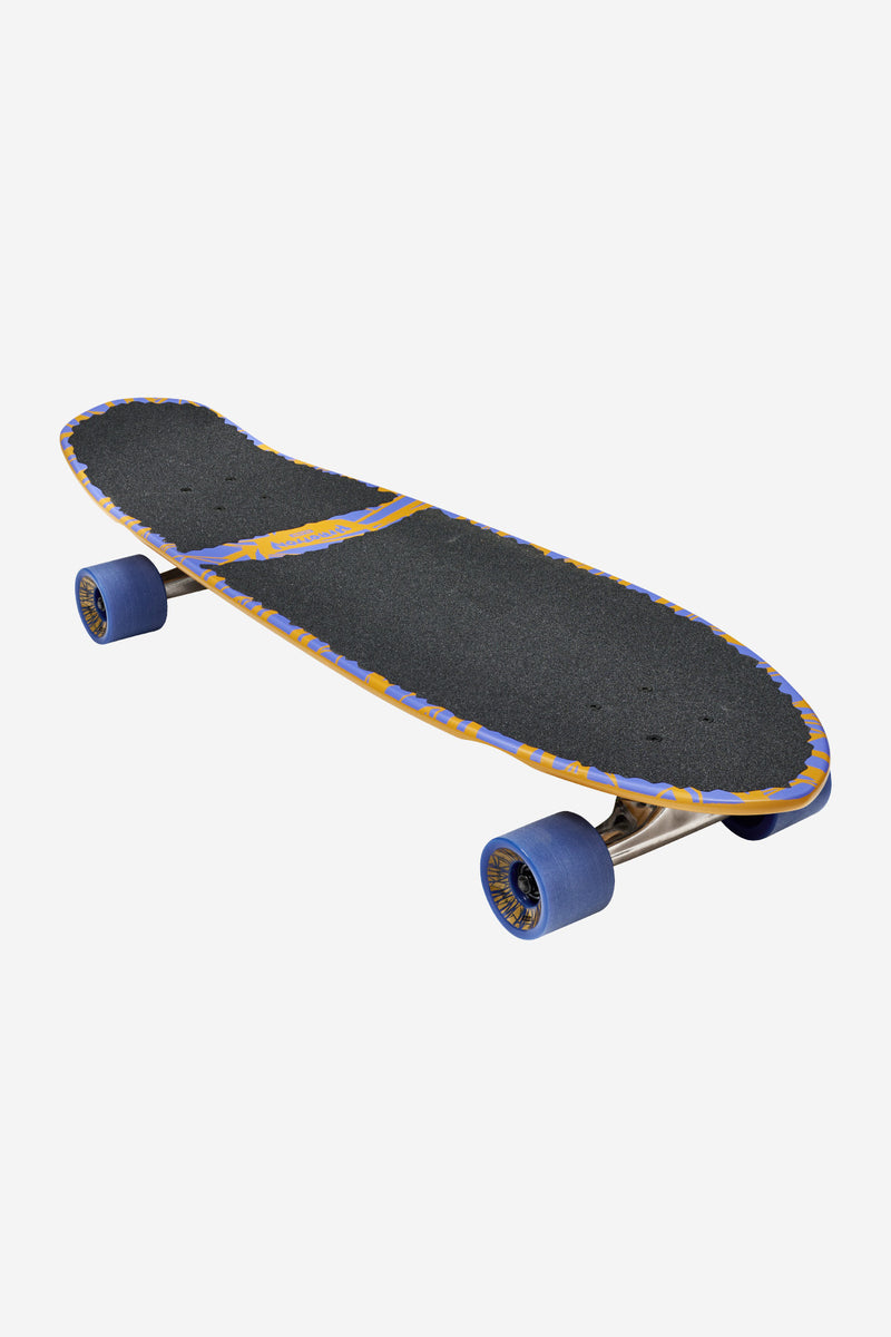 Angled side view of the 32 inch Lazer Wolf cruiserboard showing the orange and blue graphic deck and blue wheels.