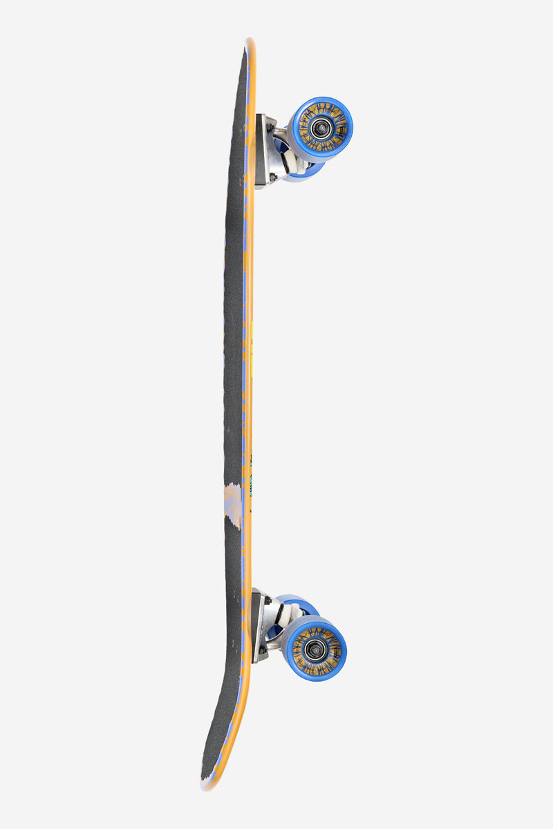 Side perspective of the Big Blazer 32 inch Lazer Wolf cruiserboard highlighting bold edge graphics and blue wheels.