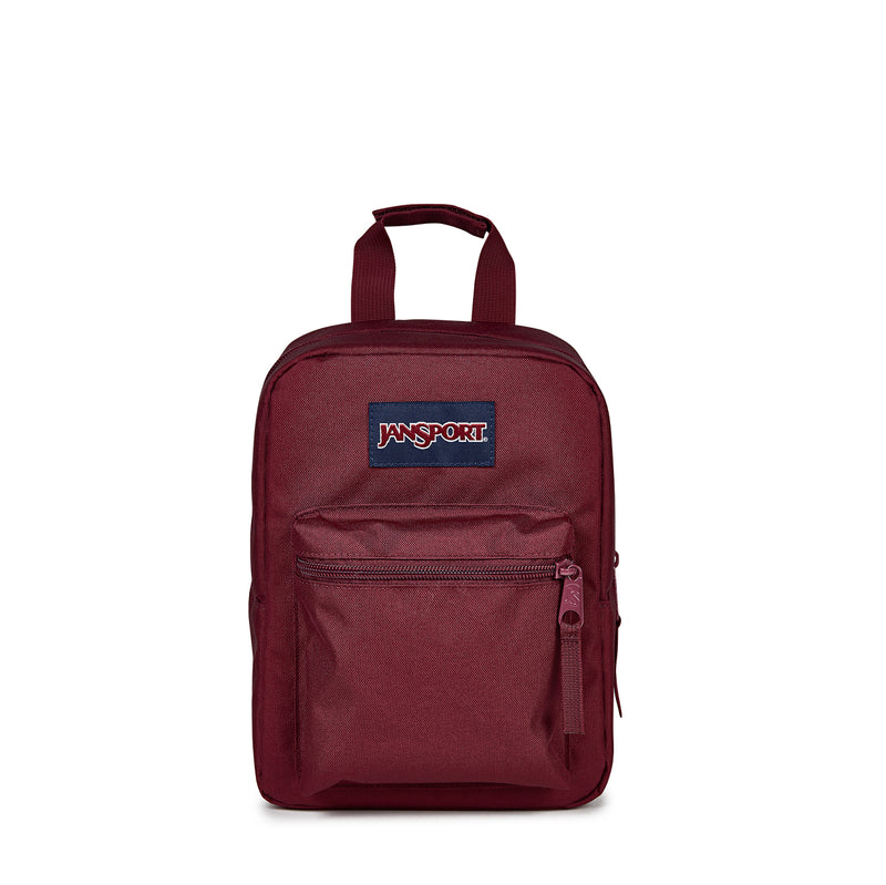 Jansport cherry red lunch bag with top handle and front zipper pocket