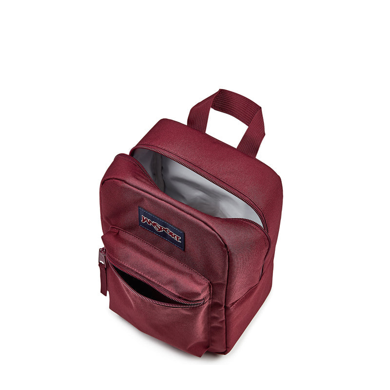 Jansport cherry red lunch bag with angled profile, top handle, front zipper pocket