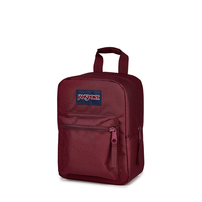 Jansport cherry red lunch bag with top handle and front zip closure, logo patch