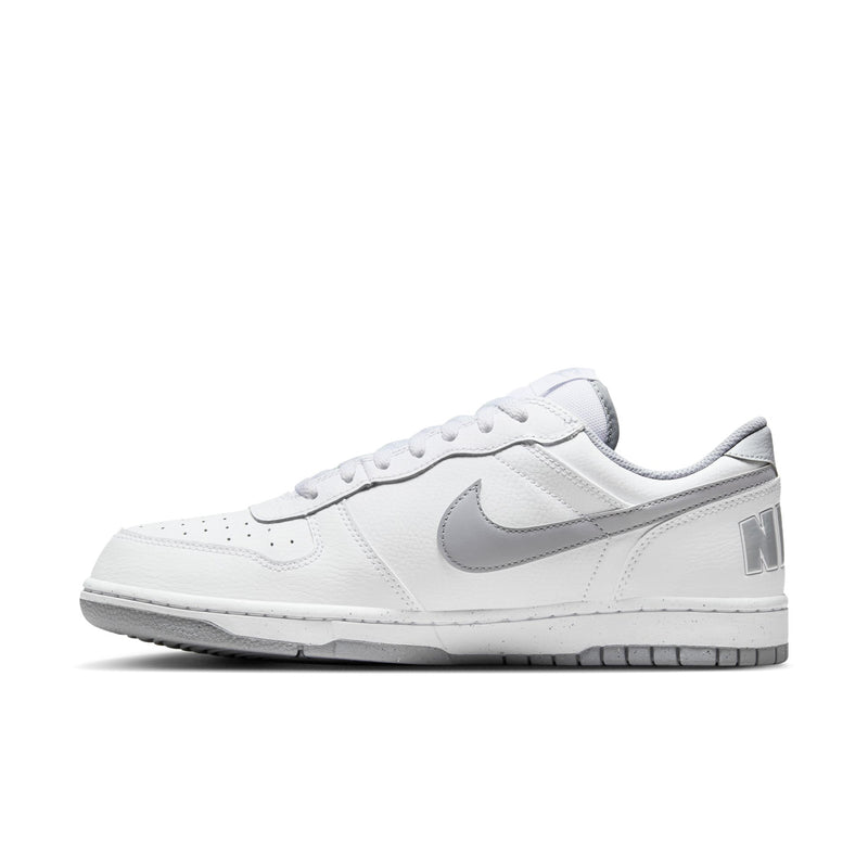 White Nike low-top sneakers with Wolf Grey Swoosh and lace-up upper