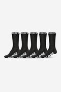 Five black crew socks with white Globe logo at the cuff.