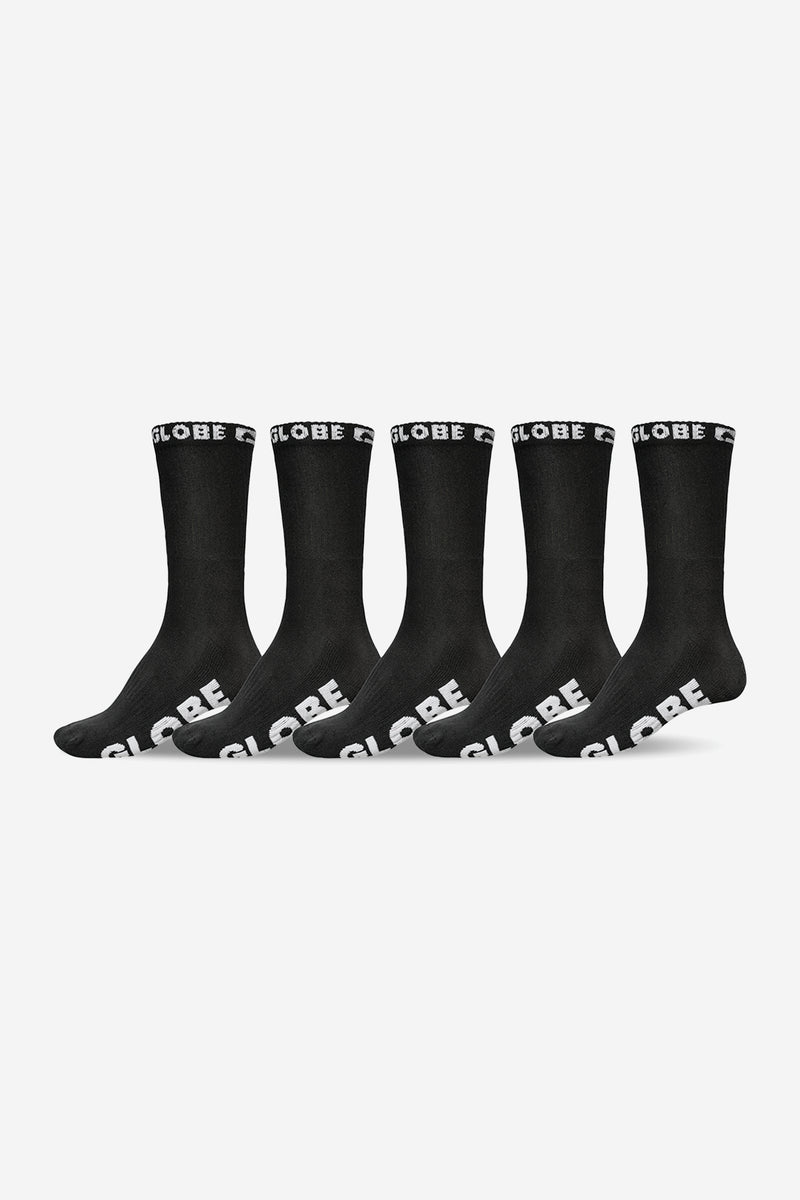 Five black crew socks with white Globe logo at the cuff.