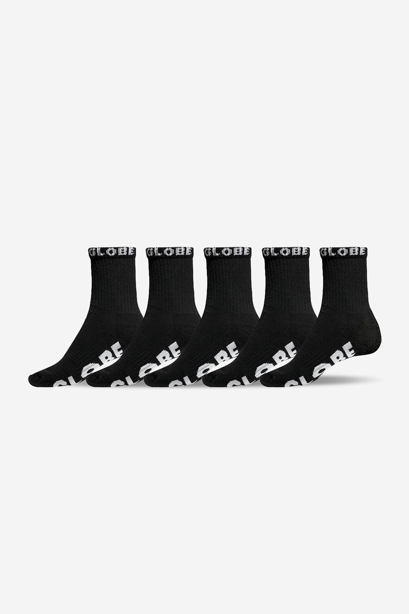 Five black Globe quarter socks arranged in a row with white logo on the cuffs.