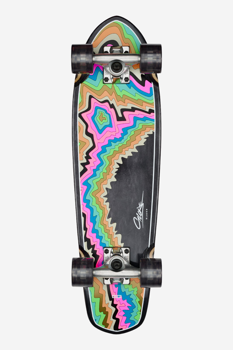 Top-down view of Blazer Cruiserboard 26 Crunch with neon swirl artwork on the deck and trucks