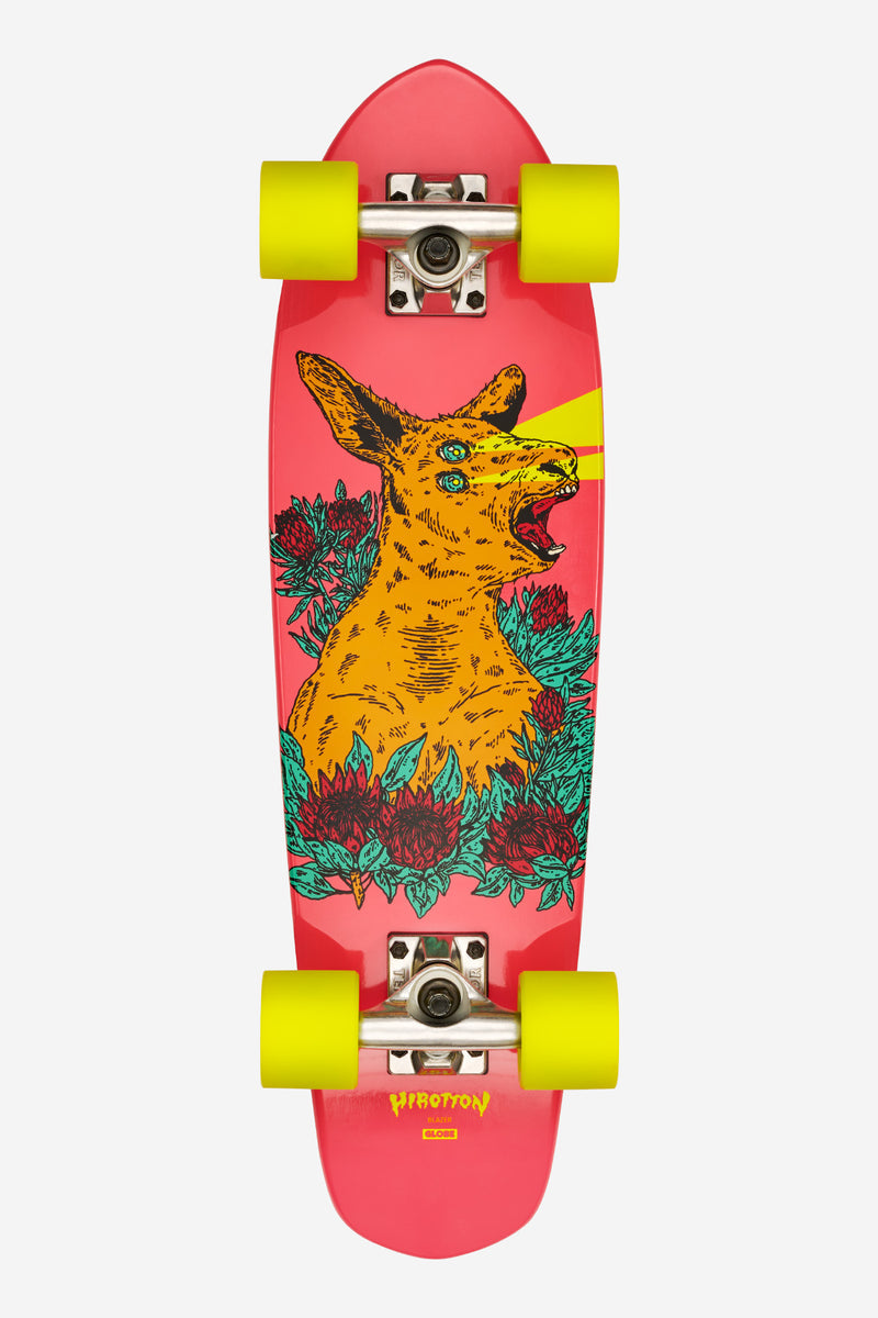 Top view of Blazer Cruiserboard 26 Lazer Roo with pink deck bright yellow wheels and a bold yellow creature among flowers