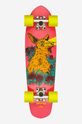Top view of Blazer Cruiserboard 26 Lazer Roo with pink deck bright yellow wheels and a bold yellow creature among flowers