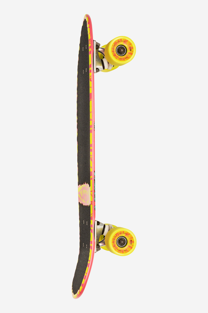 Side angle of Blazer Cruiserboard 26 Lazer Roo with pink edge graphics and bright yellow wheels
